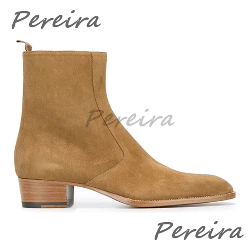 

Classic Suede Pointy Toe Zipper Chelsea Boots British Solid Genuine Leather Med Heel Short Boots Trendy Comfortable Men's Shoes