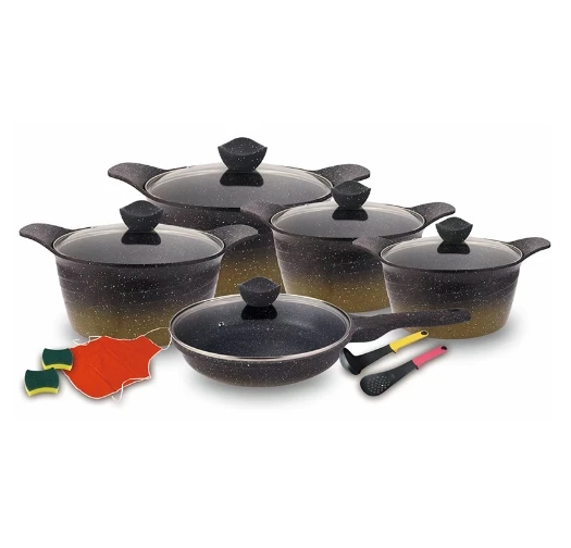 15pcs Non-Stick Cookware Set Hot Selling Ceramic Die Cast Aluminum Casserole Sauce Pot Frying Pan Cooking Pot