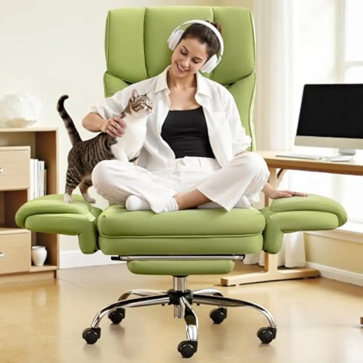 Ergonomic Reclining Chair with 5-Position Flip Armrests Wide Seat 46.11 Inches Cross-Legged Support Retractable Footrest 3-Tilt