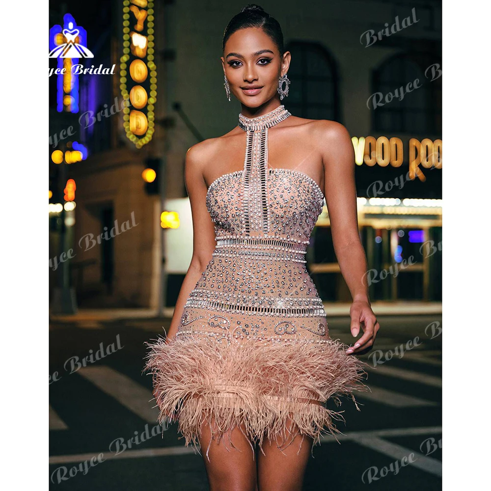 Glam Feather Prom Dress High Halter Rhinestone Mesh Mini Evening Dress Women's formal evening gowns Party Dress Customized image 2