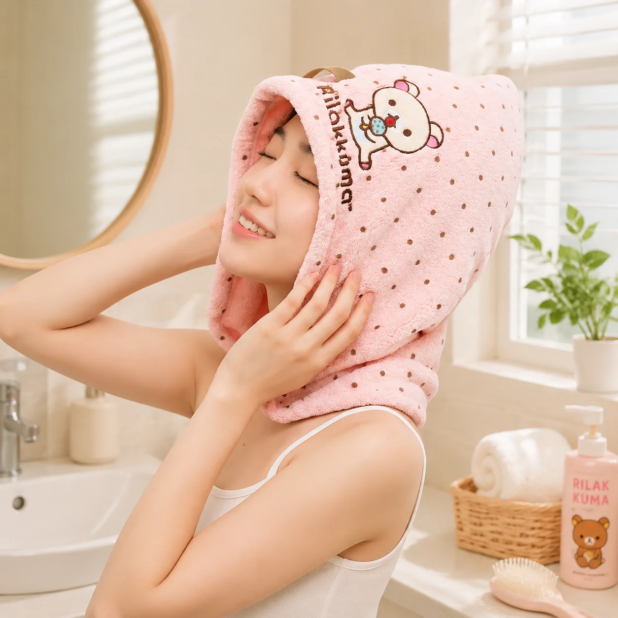 Rilakkuma Hair Drying Towel Super Absorbent Dry Hair Wrap Turban Cute Cartoon Soft Coral Fleece Bath Hair Cap for Women Girls