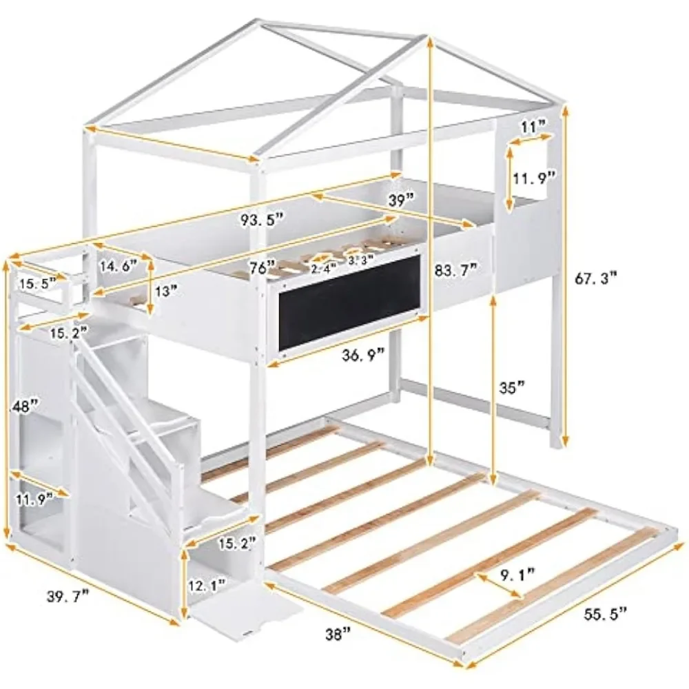 Twin Over Full House Bunk Bed with Storage Staircase and Blackboard, Slat Support & No Box Spring Needed for Kids