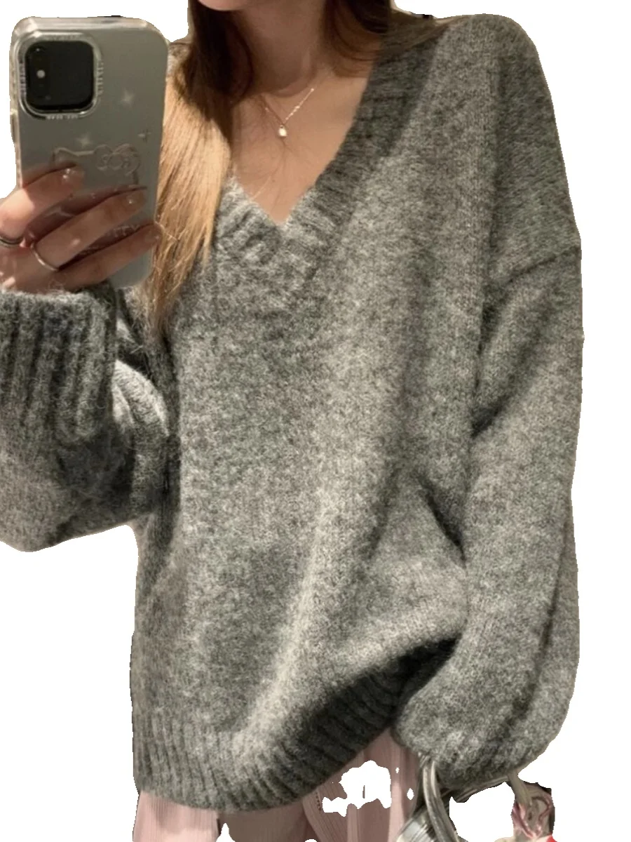 Suéter Retro Estilo Hong Kong con Cuello en V para Mujer, Moda Pure Desire, Otoño Invierno, Nuevo, ueso, Hoado, Tejido de...