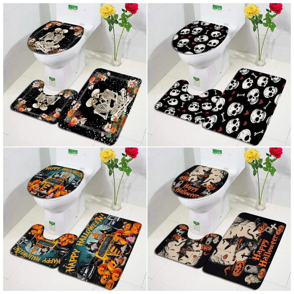 Happy Halloween Bath Mat Set Funny Cat Pumpkin Light Grave Tombstone Bat Vintage Home Carpet Bathroom Decor Rug Toilet Lid Cover