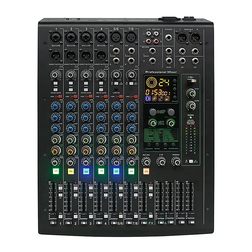 Professional 8-Channel USB Stereo DJ Mixer Audio Recording Console for Live Sound Performance and Music Production