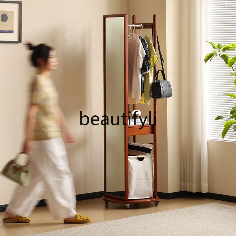 

x11Solid wood rotating clothes hanging mirror full body mirror boxwood integrated hanger movable coat rack