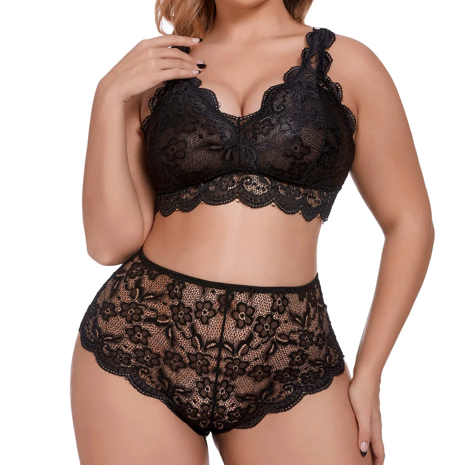 Erotic Large Size Lace Lingerie Set Women V Neck Floral Lace Bra High Waist Elastic Panty Transparent Sexy Porn Underwear Sets