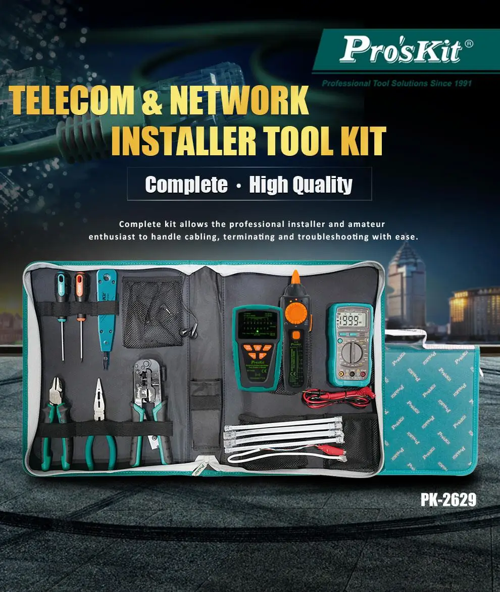 Pros'Kit PK-2629 Telecom & Network Installer Tool Kits for Telecom network inspection and repair tool set with CP-376TR MT-7029