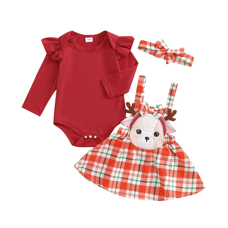 

3-Piece Baby Girls Set Ruffles Long Sleeve Romper Elk Plaid Bow Overall Skirt Hair Band Outfits