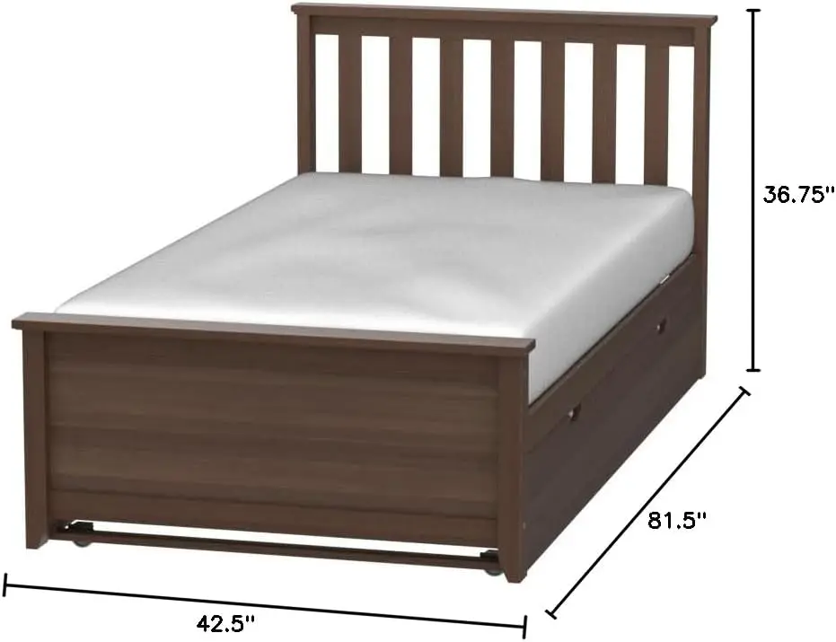 Twin Bed Wood Bed Frame with Headboard for Kids with Trundle Slatted Walnut 81.5