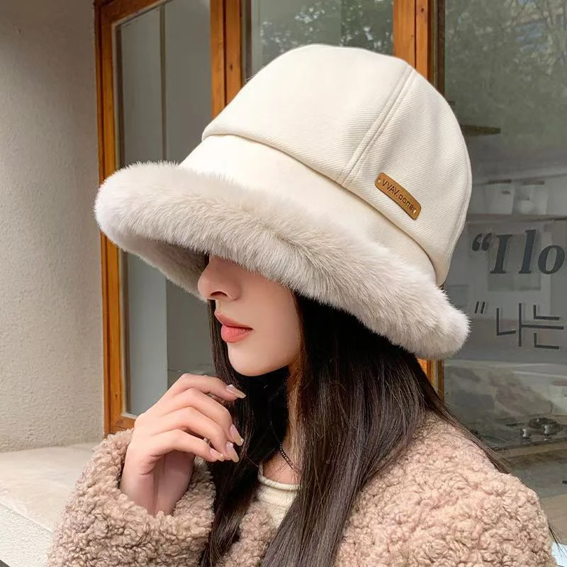 Winter Women Plush Fisherman Cap Thick Fluffy Fur Panama Basin Cap Solid Color Bucket Hat Windproof Female Warm Bonnet