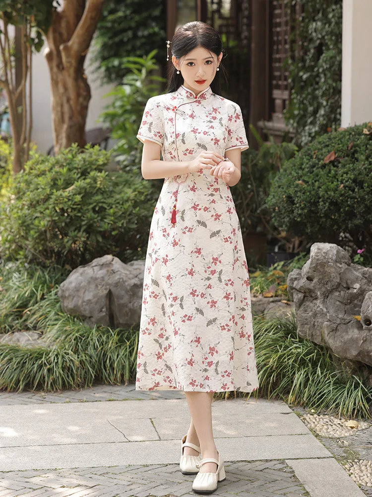 

Elegant Summer Chinese Cheongsam Women Aodai Dress Vintage Floral Printed Dress Mandarin Collar Female Qipao