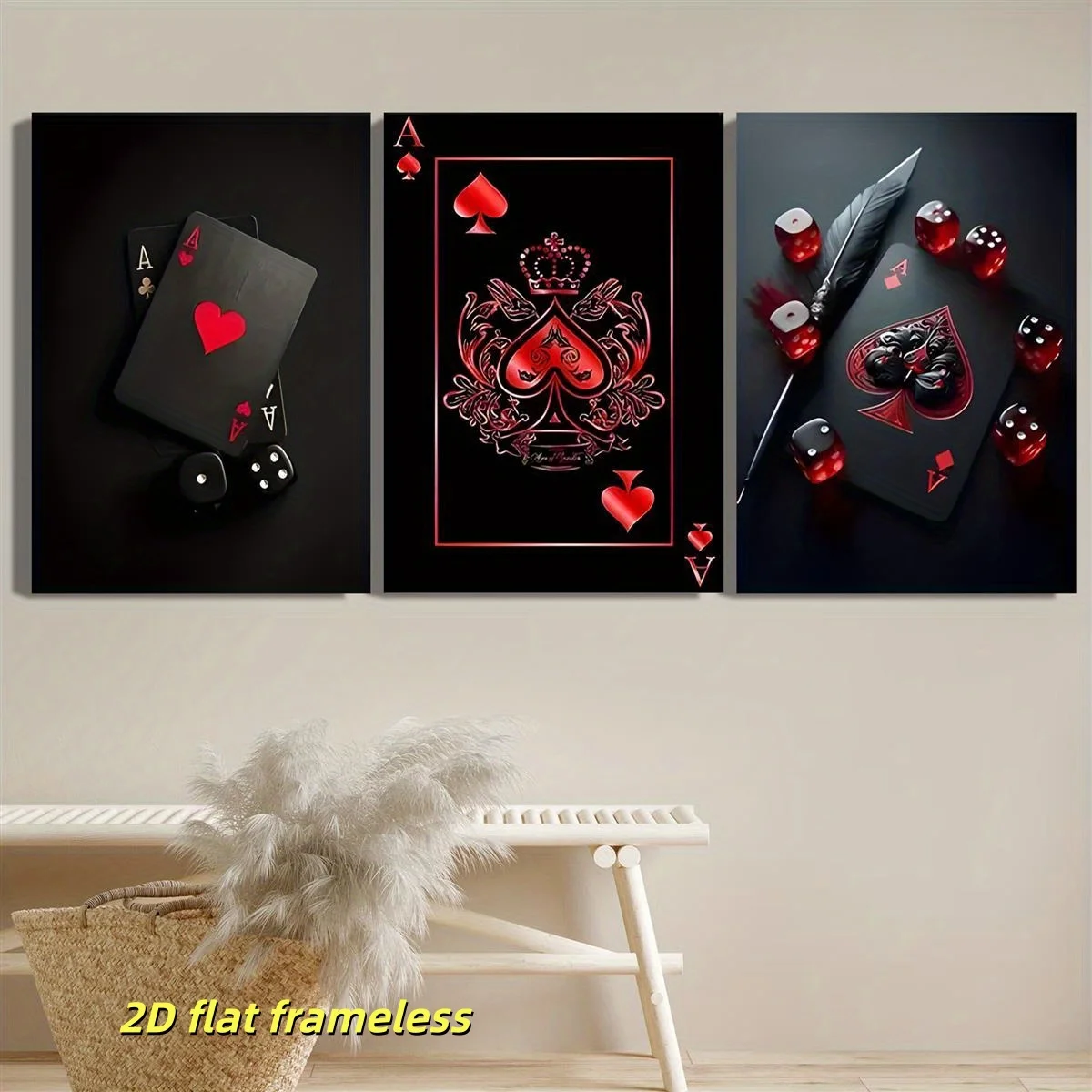 3 modern black and red poker cards and dice canvas posters, suitable for game rooms, poker rooms, office decoration 2D flat prin
