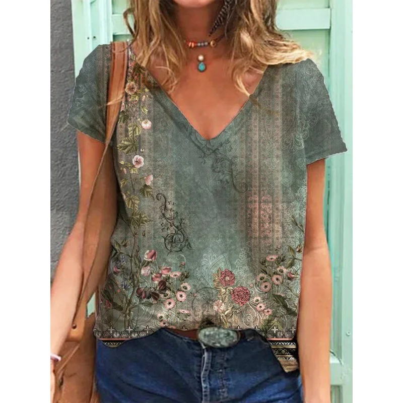 Ethnic Style Floral 3D Print T-Shirts Women V-Neck Short Sleeve T Shirt Streetwear Y2k Top Harajuku Oversized Tee Woman Clothing