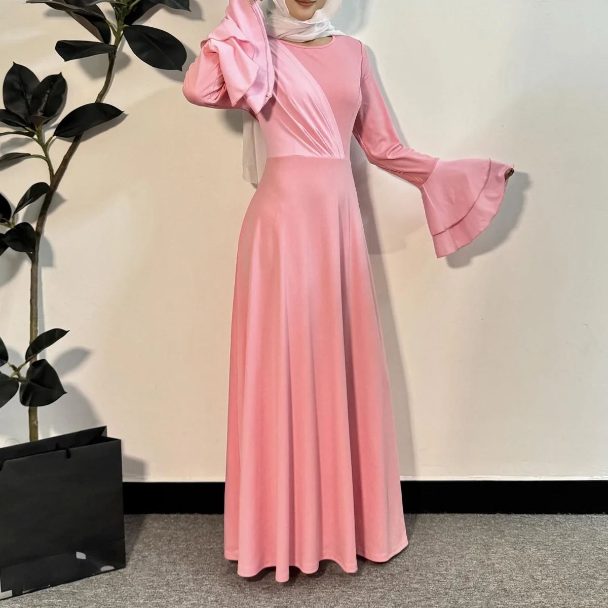 Muslim Dress Women Maxi Dresses Full Sleeve Casual Solid  Fashion Elastic Lace Up Long Elegant Party Dresses Women\'s Clothing