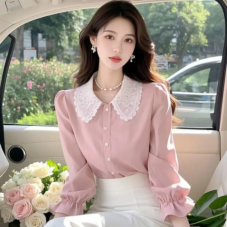 Langarmshirts für Damen, Chiffon, Button-Down-Blusen, Drehkragen, plissierter Saum, Laternenärmel, schmale Passform, adrett, feminin, Retro