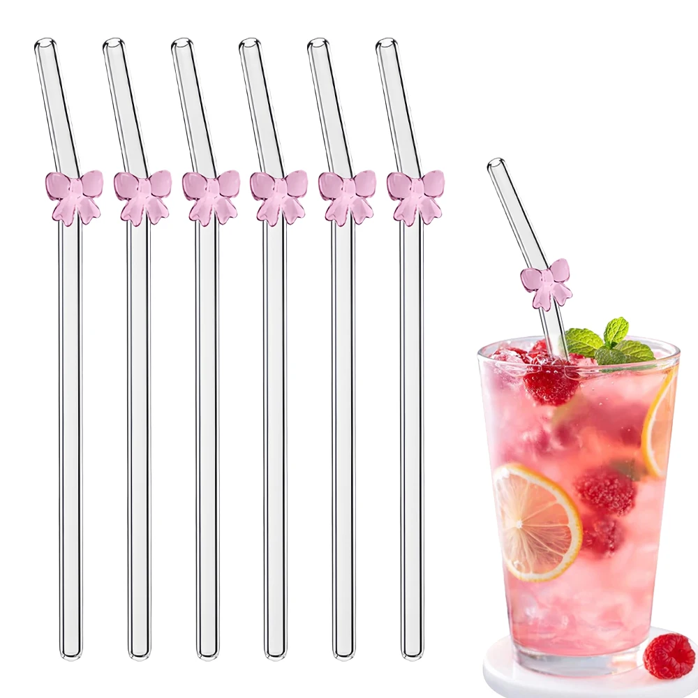 مجموعة قش زجاجية شفافة مكونة من 6 قطع، مقاومة للكسر مع لمسات فيونكة وردية ساحرة، قابلة لإعادة الاستخدام للعصائر والحليب والشاي والي