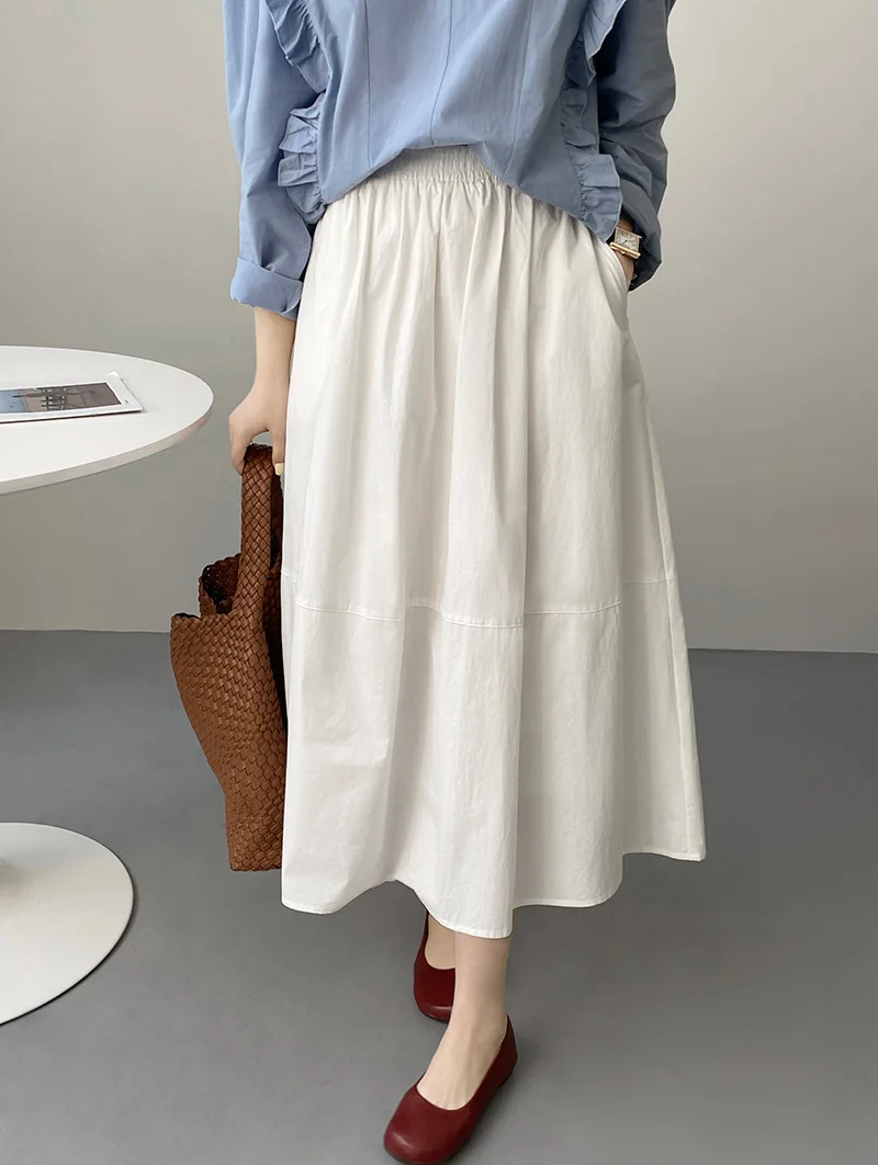 2023 Women White Long Skirts Solid Color Women Cotton Skirts Stretch High Waist A-Line Skirts Faldas Femme Streetwear