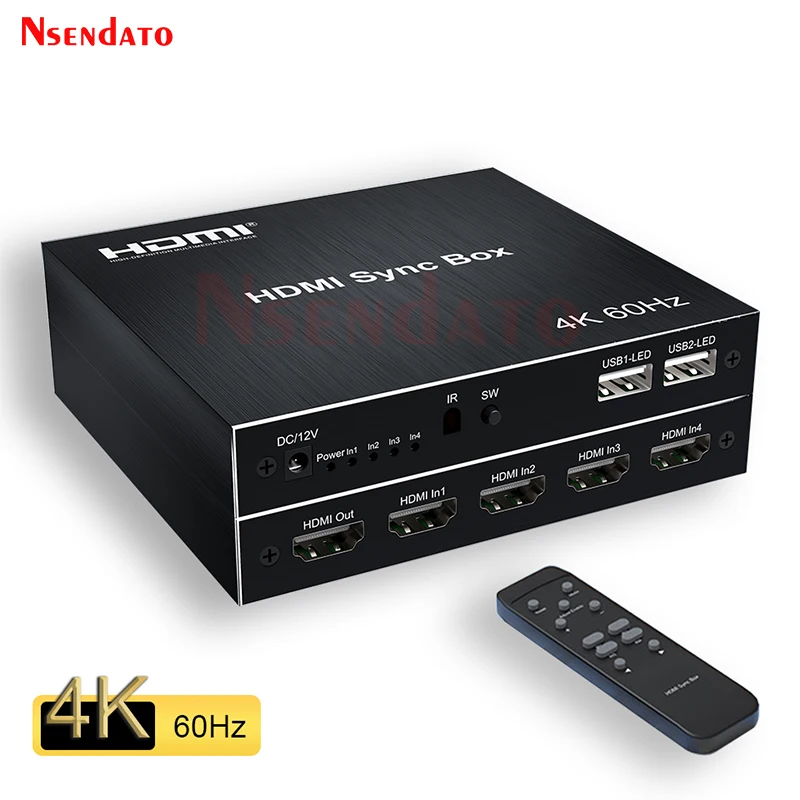 

4K 60Hz HDMI Switch 4x1 HDMI Audio Sync Box 4 In 1 Out HDMI Switcher Splitter Support 1080P LED lights strip with IR Remote