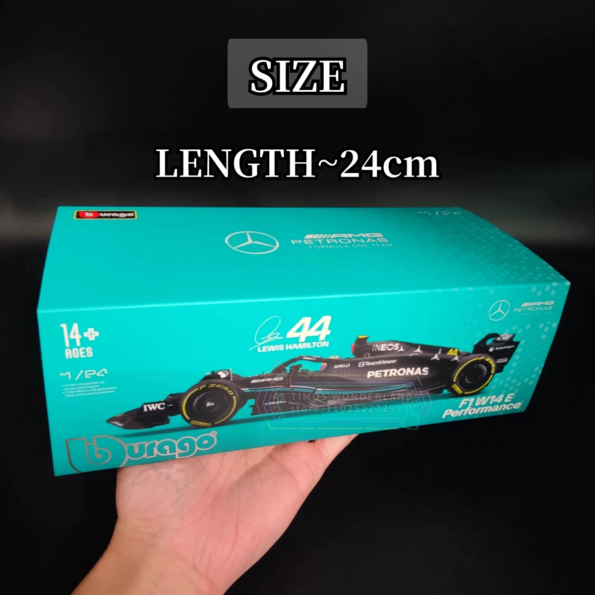 Bburago 1:24 Limited Edition Mercedes AMG W14 Replica, F1 2023 Car Model with Showcase Helmet, Scale Formula 1 Miniature Toy