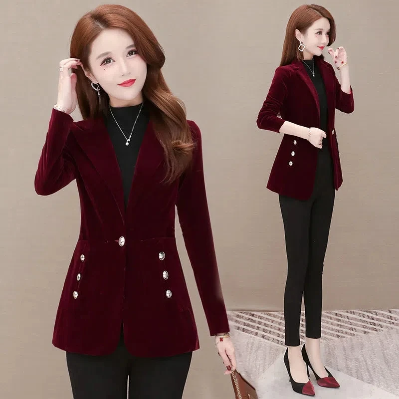 Gold Velvet Suit Jacket Women\'s Spring Clothes 2023 New Spring Autumn Women\'s Professional Suit Jacket Mother Blazer Wine Red