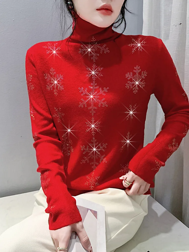 2025 Autumn/Winter New Heavy Industry Hot Diamond Snowflake High Neck Knitted Shirt Women, Designed With A Sense Of Interior And