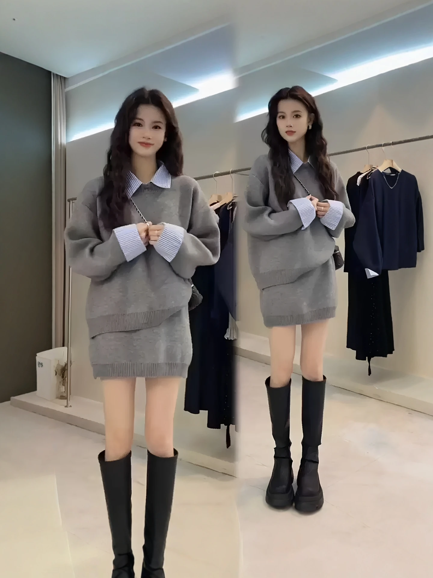 Fashionable Knitted Set Dress Women's Spring Autumn New Style Lazy Collar Sweater Half Skirt Two Piece Set Casual Loose Fit