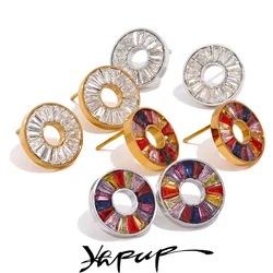 Yhpup Colorful Cubic Zirconia 316L Stainless Steel Round Bling Stud Earrings High-Grade Luxury Rainbow Jewelry Women Gala Gift