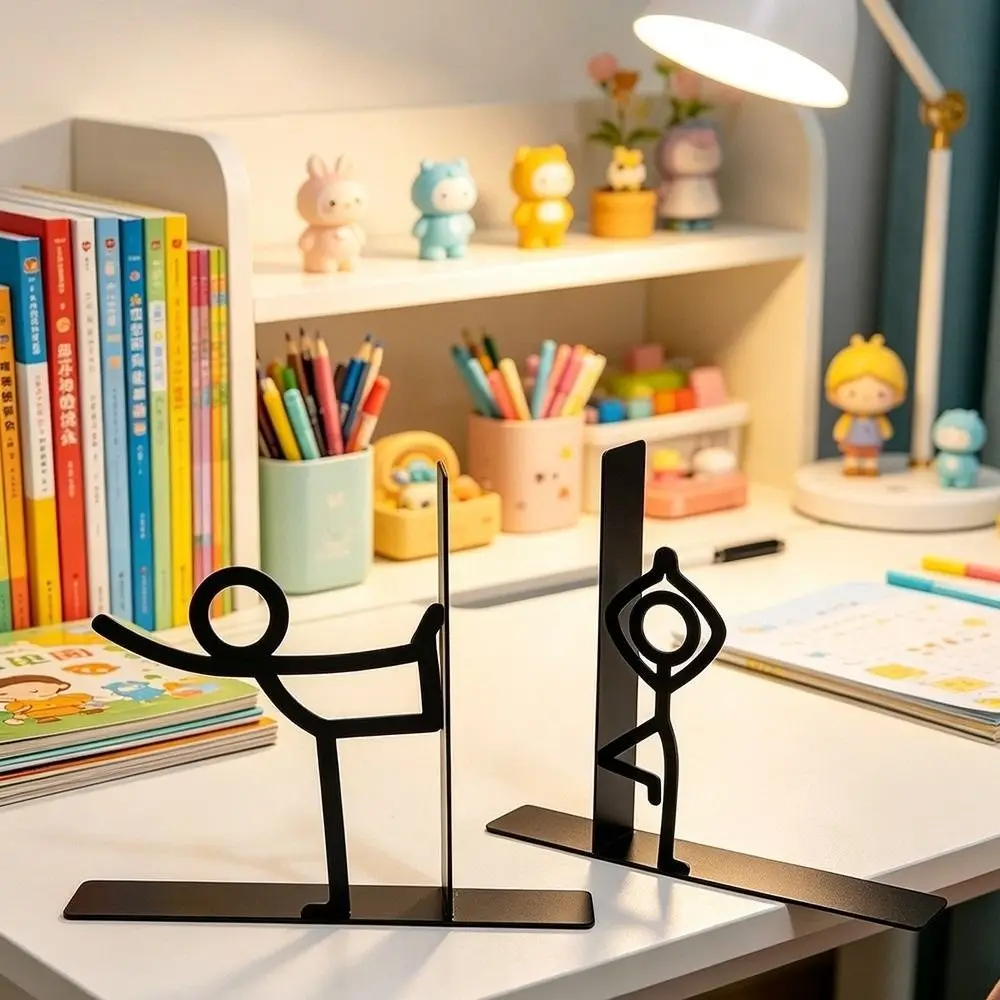1Pair Funny Iron Art Metal Bookends Stick Figure Human Shape Book Stopper Decorative Book Stand Home Office Desk