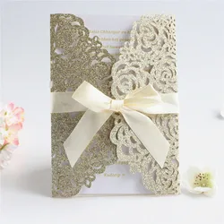 50 pieces Luxury Rose Gold Glitter Laser Cut Wedding Invitations with Ribbon, XV Quinceanera Birthday Bridal Shower Card IC055