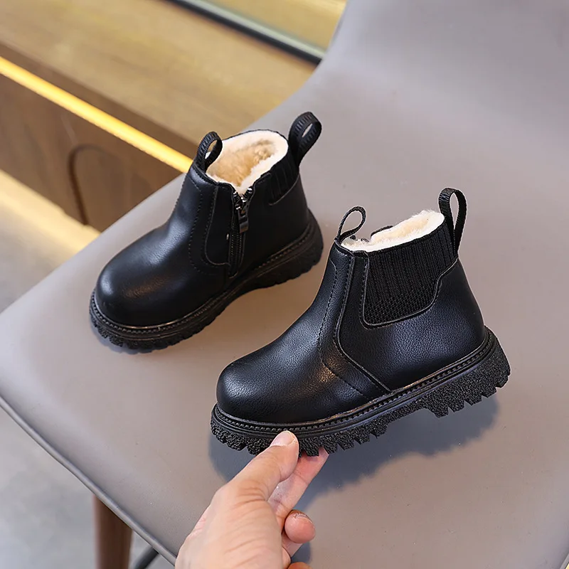 Winterstiefel für Jungen und Mädchen, modische Schneestiefel mit Reißverschluss, flauschig, warm, rutschfest, kurze Stiefel für Kinder, Lederschuhe für Kinder. – Detail 24