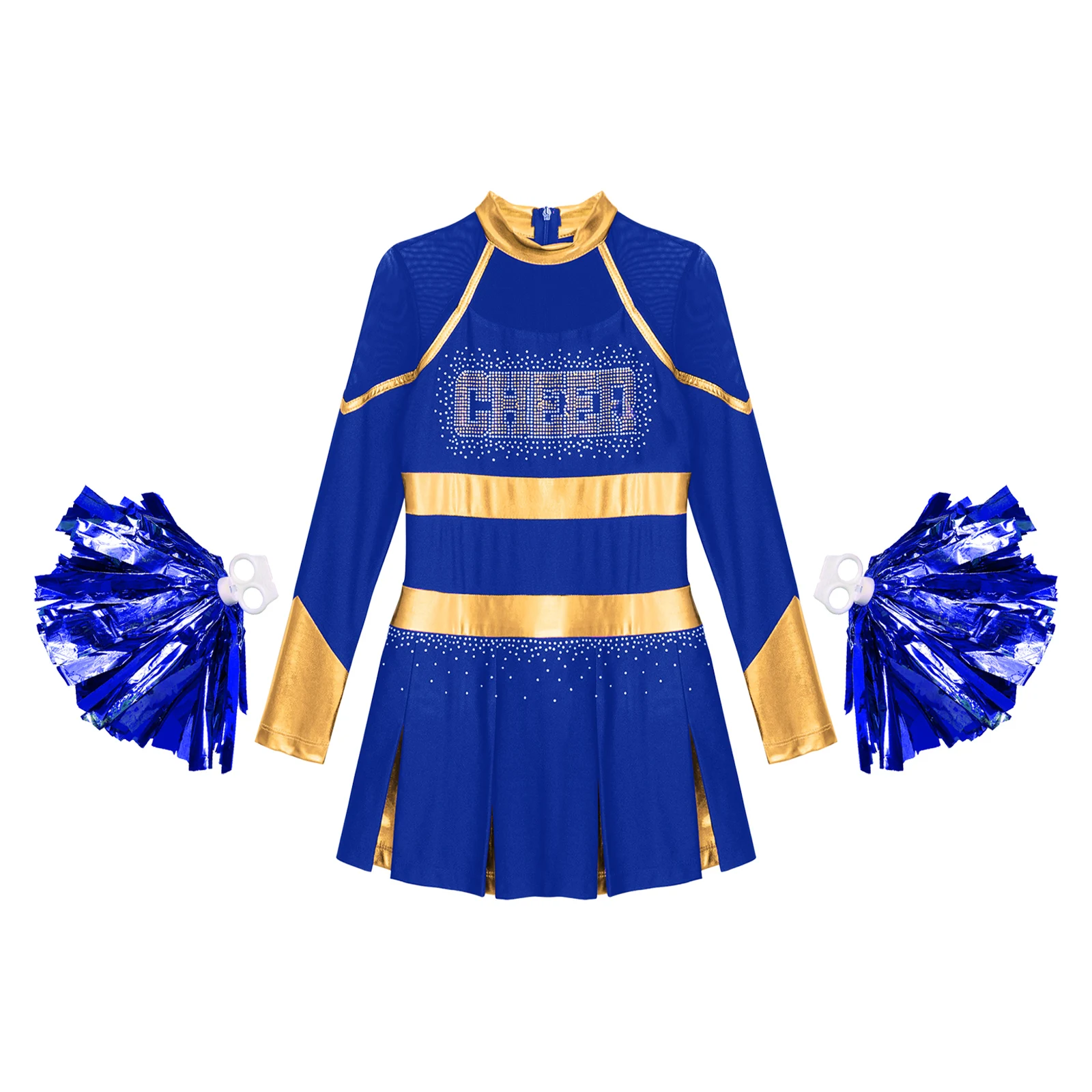 Kinder Mädchen Cheerleading Uniform Cheerleader Tanzkostüm Glitzernde Strasssteine Metallic Plissee Kleid mit 2 Stück Handblumen – Detail 13
