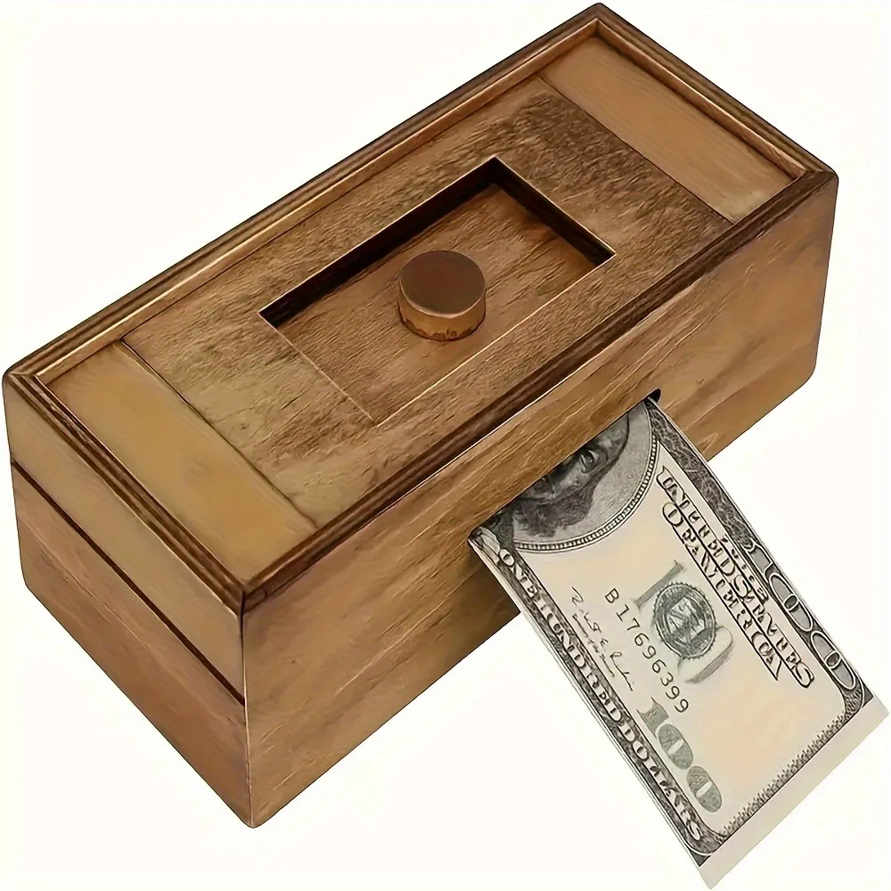 Wooden Puzzle Money Box Secret Compartment Brain Teaser Storage Safe Creative Surprise Gift for Holiday Birthday Party Adult Toy
