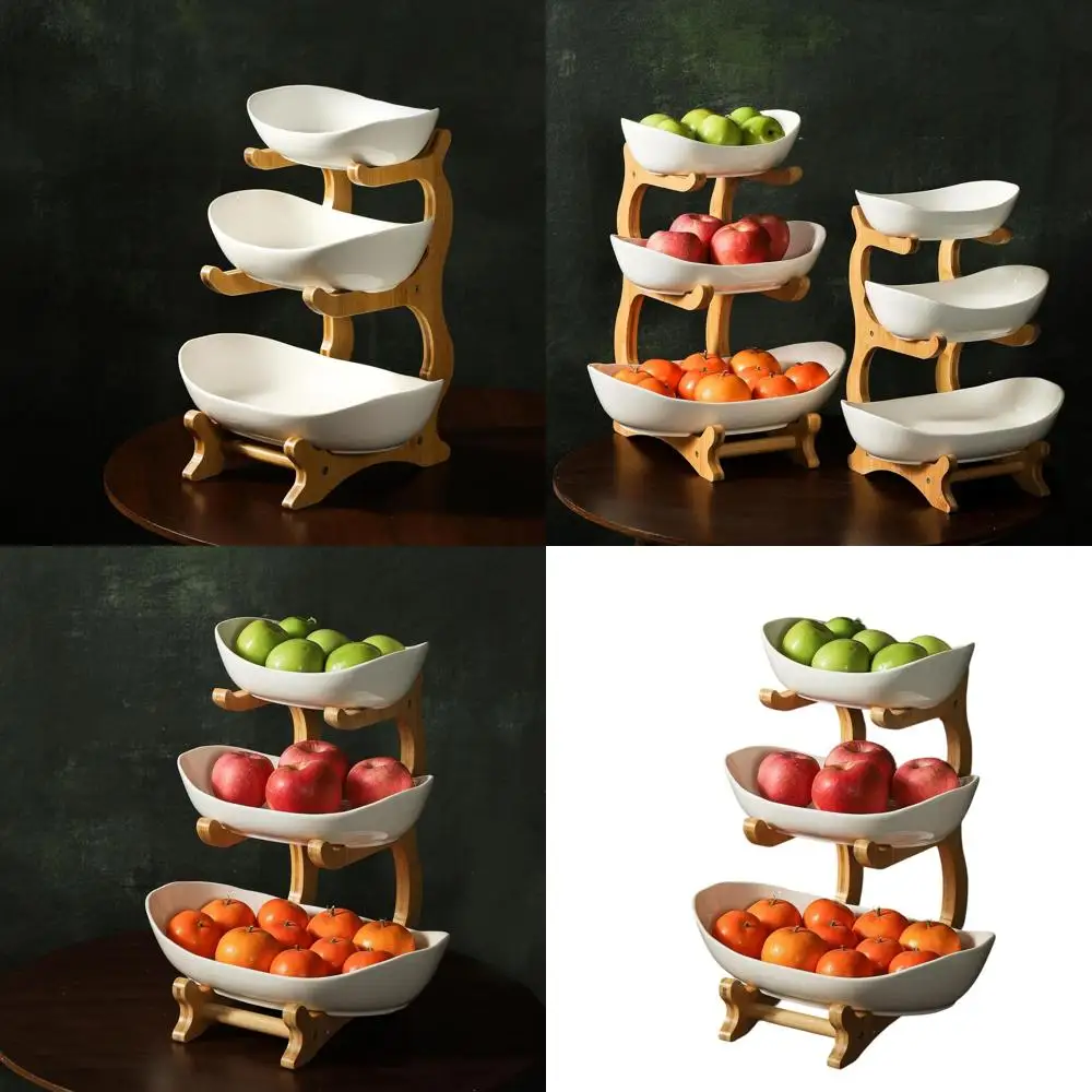 

Большая белая керамическая 3-ярусная корзина для фруктов с бамбуковой подставкой для хранения на кухонной столешнице