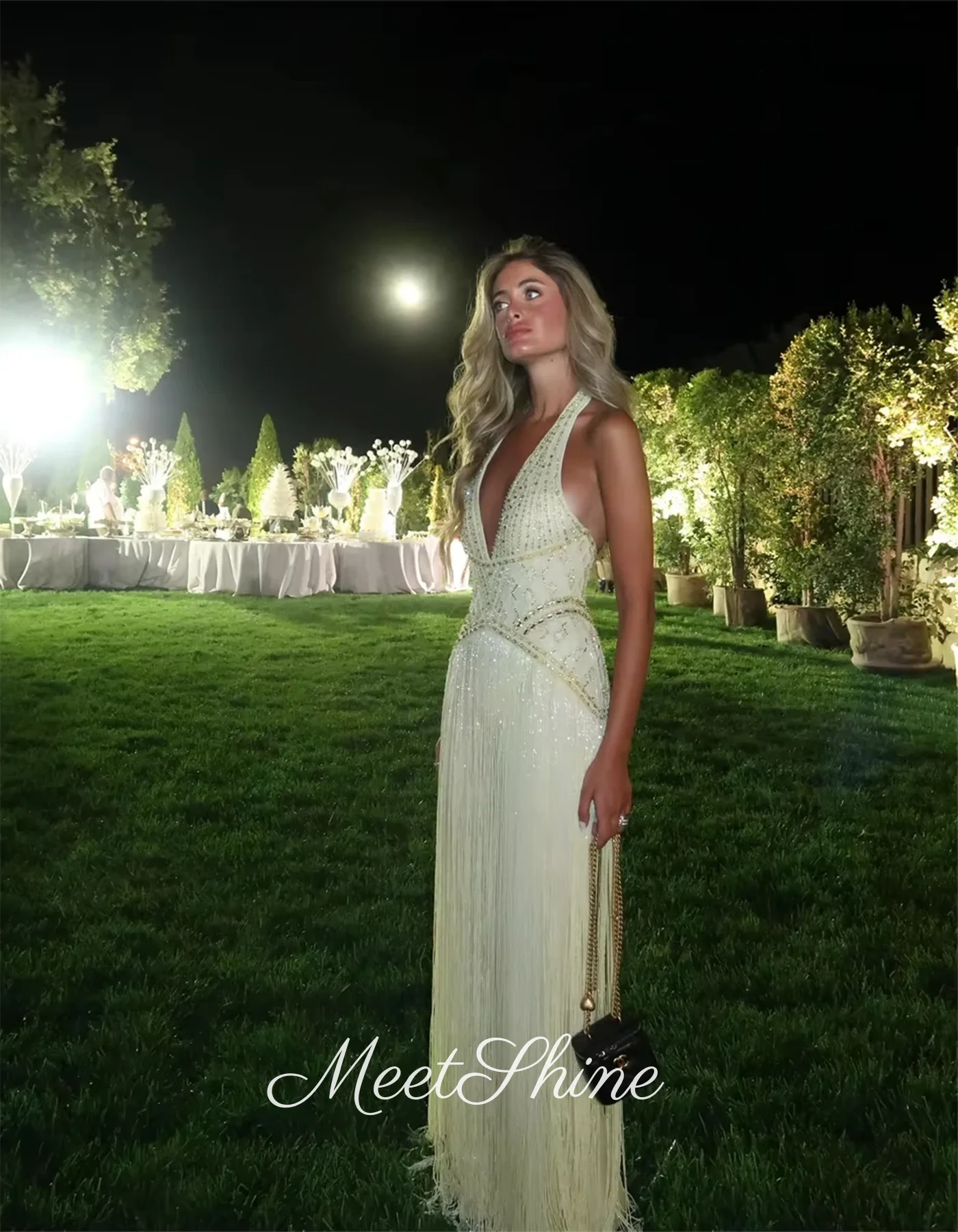 Abiti da sera a sirena con scollo a V profondo verde chiaro Squisiti abiti da ballo formali in chiffon con perline di cristallo senza schienale personalizzati