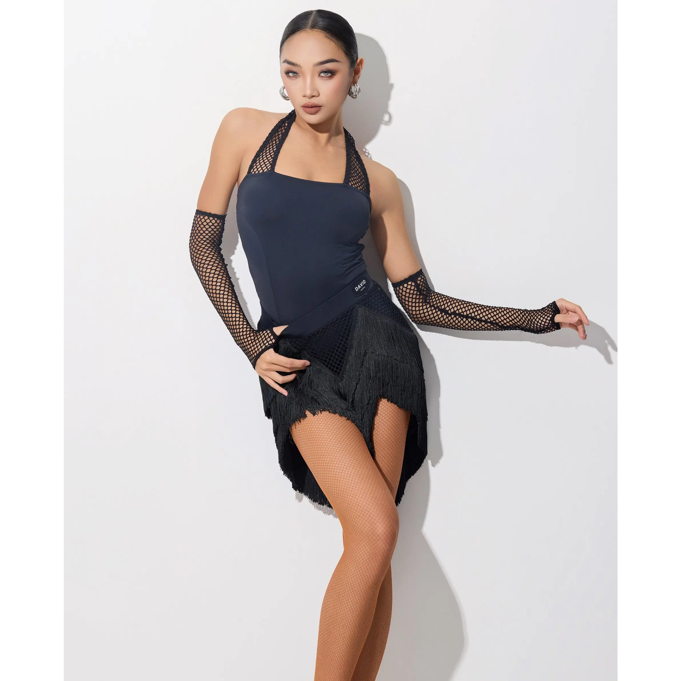 UK Latin Dance New Style Comfortable Women's Mesh Halter Top and Fringe Skirt Set for Daily Latin Dance Practice Training Outfit