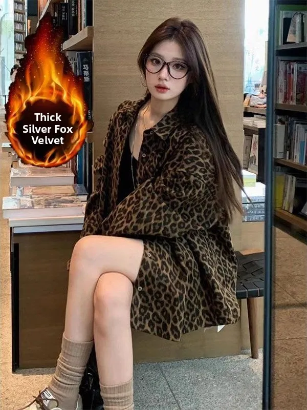 

Fce Lined Loose Long Sve Leopard Print Jaet American Retro Sle Women's Casual irt Cool Sweet Autumn Winter New Ar...