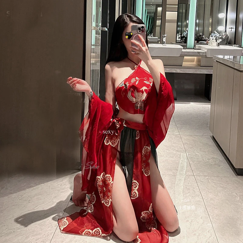 Women Chinese Traditional Dress Hanfu Chiffon Pajamas Robe Apron Suit Sexy Erotic Lingerie Vintage Clothing Female Nightdress