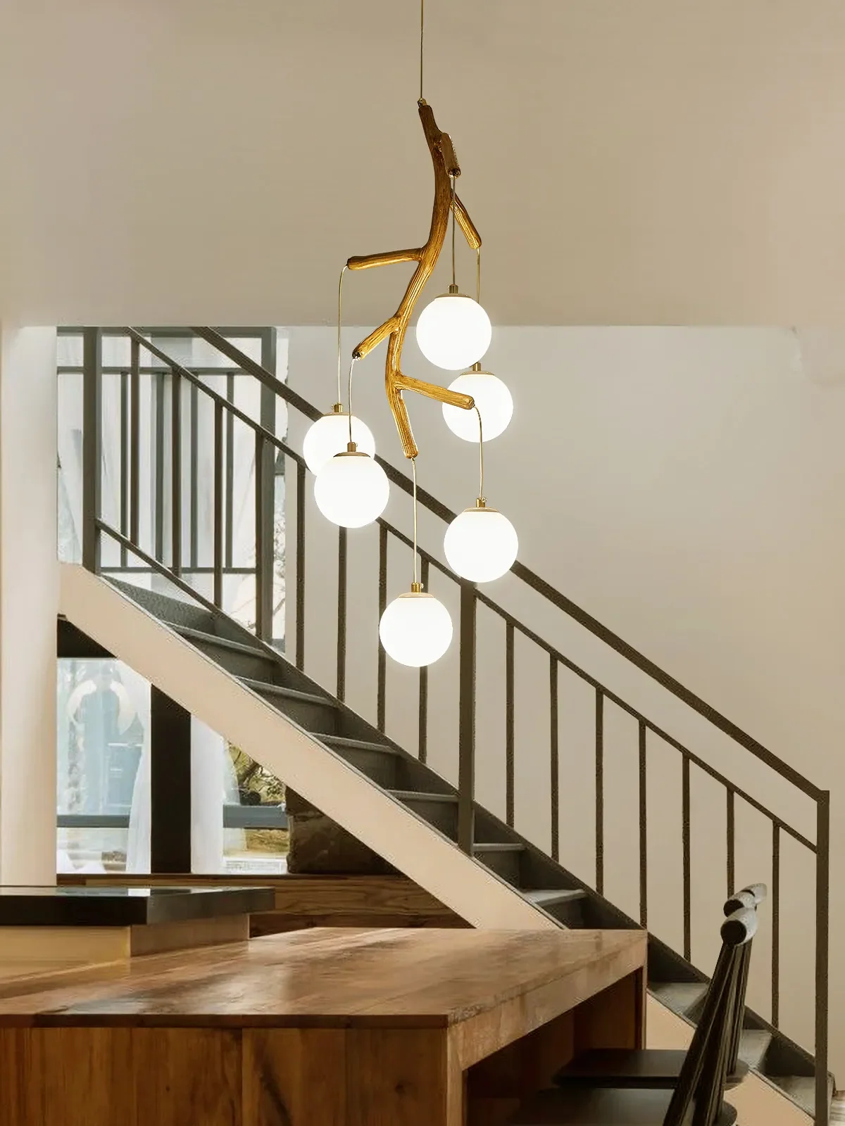 Nordic Creative Resin Tree Branch Wood Grain Chandelier for Modern Living Room Dining Room Bedroom Duplex Staircase Pendant Lamp