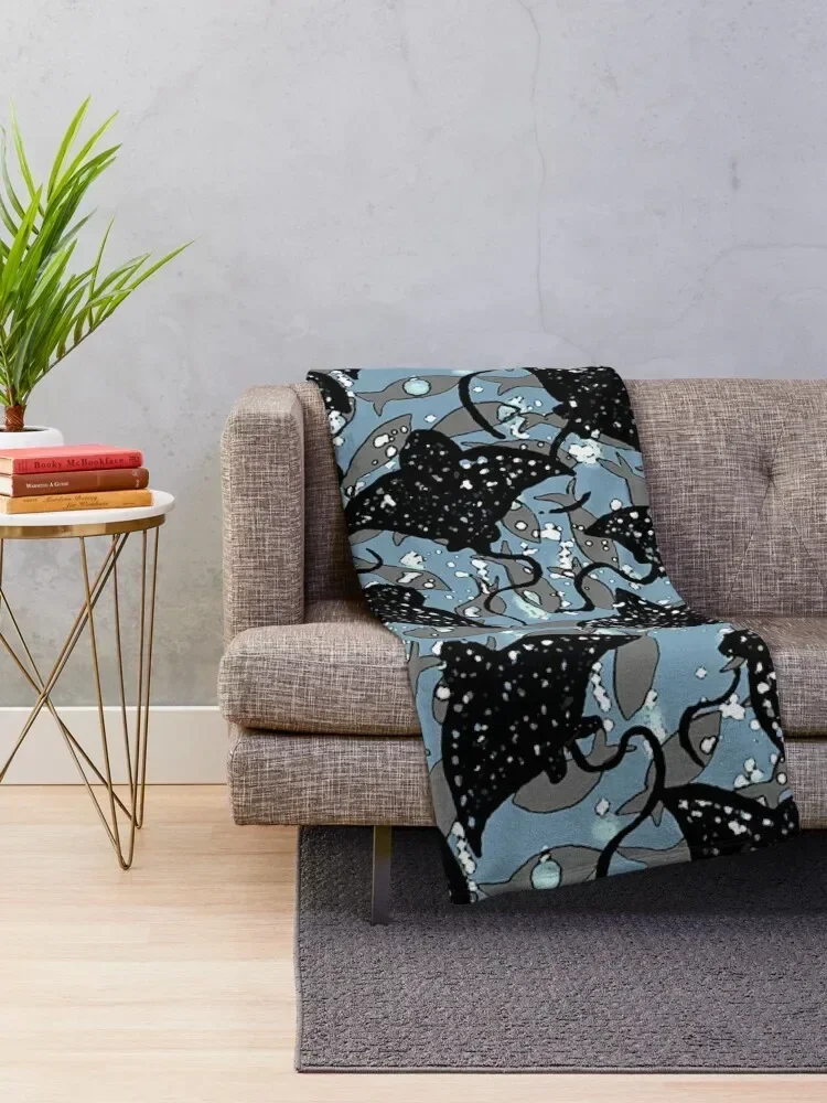 Black Spotted Eagle Ray School of Fish Pattern Throw Blanket Flannel Fabric Hairy Luxury Extra Large Throw Blankets