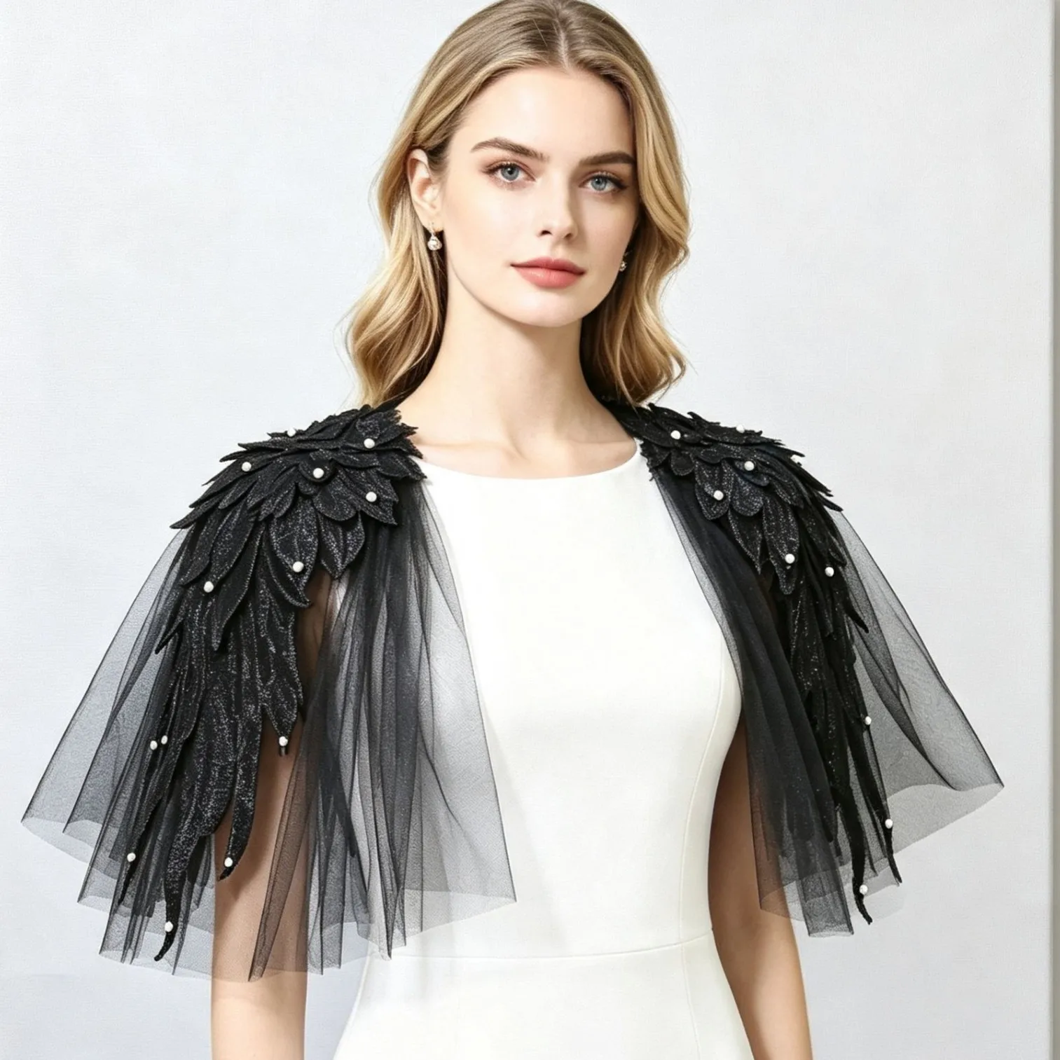 Beaded Tulle Puffy Wing Shoulder Epaulets, Stage Performance & Studio Photo Prop, Halloween Christmas Costume Decor