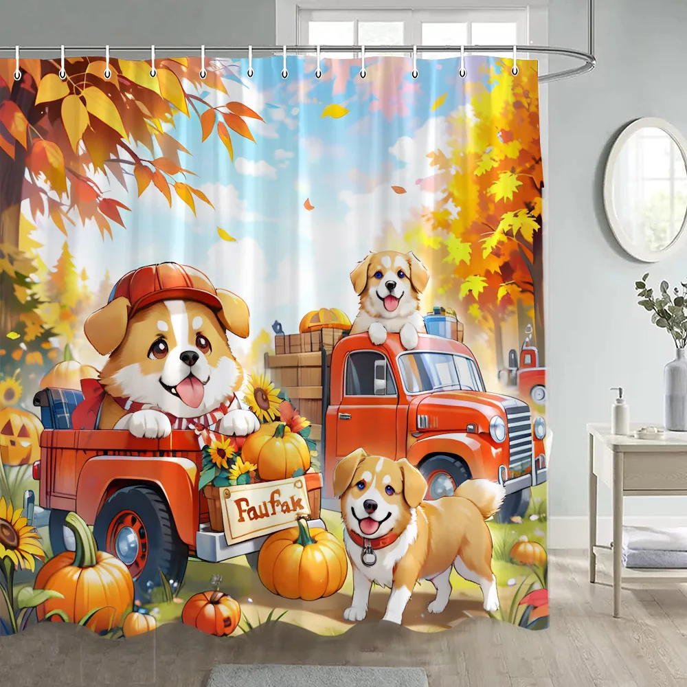 Autumn Cute Dogs Shower Curtains Pumpkin Maple Trees Farm Truck Animals Sunflower Rustic Bath Curtain Polyester Bathroom Decor