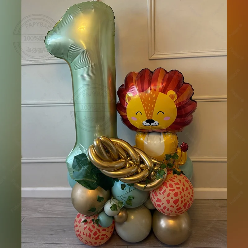 28pcs/set Jungle Safari Animal Olive Green 40inch Number Balloons Set  1 2 3 4 Years Wild One Birthday Party Decorations view 3
