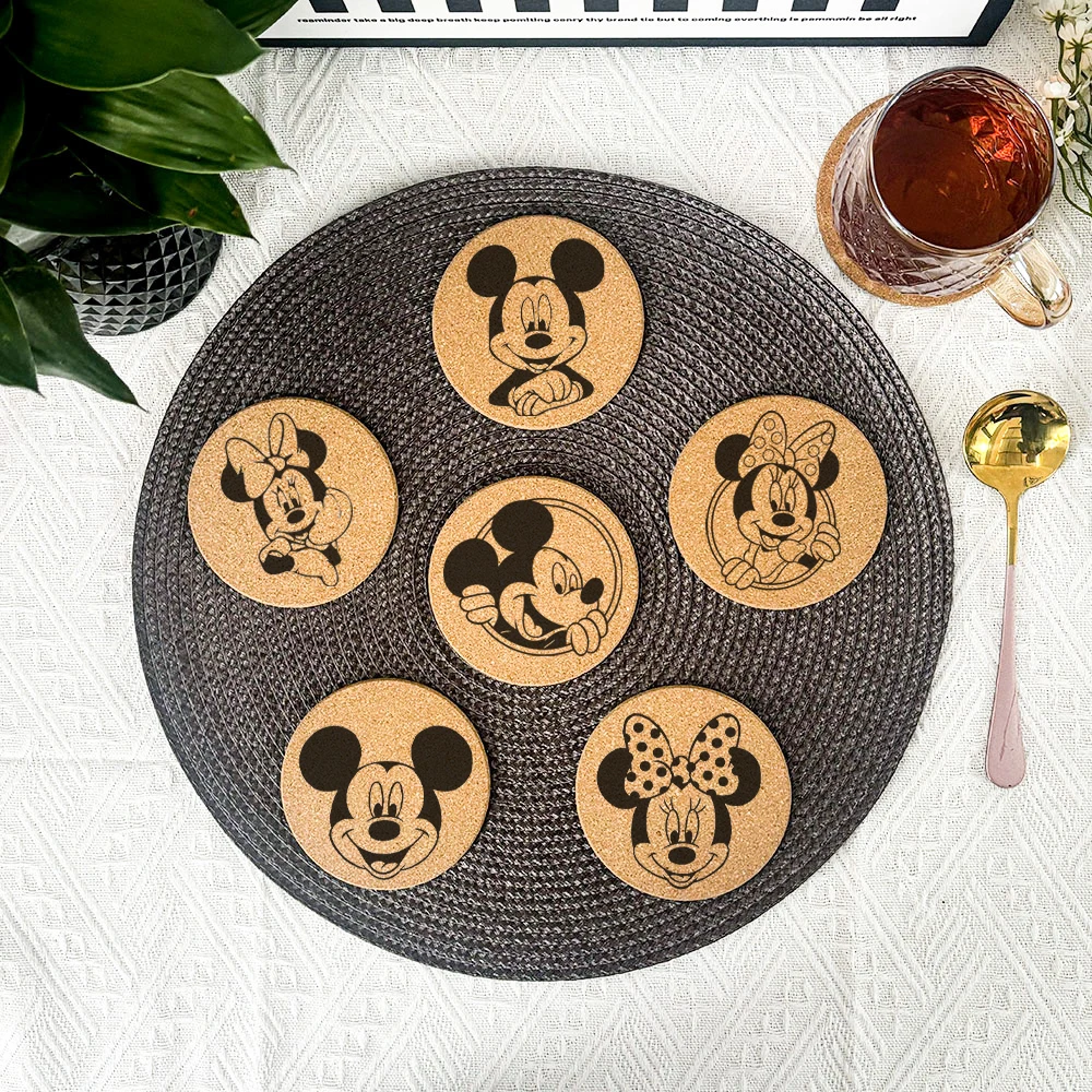 6Pcs Lovely Round Cork Coaster Engraved Mickey Donald Duck Coffee Mug Drinks Holder for Kitchen Natural Wooden Mat Tableware