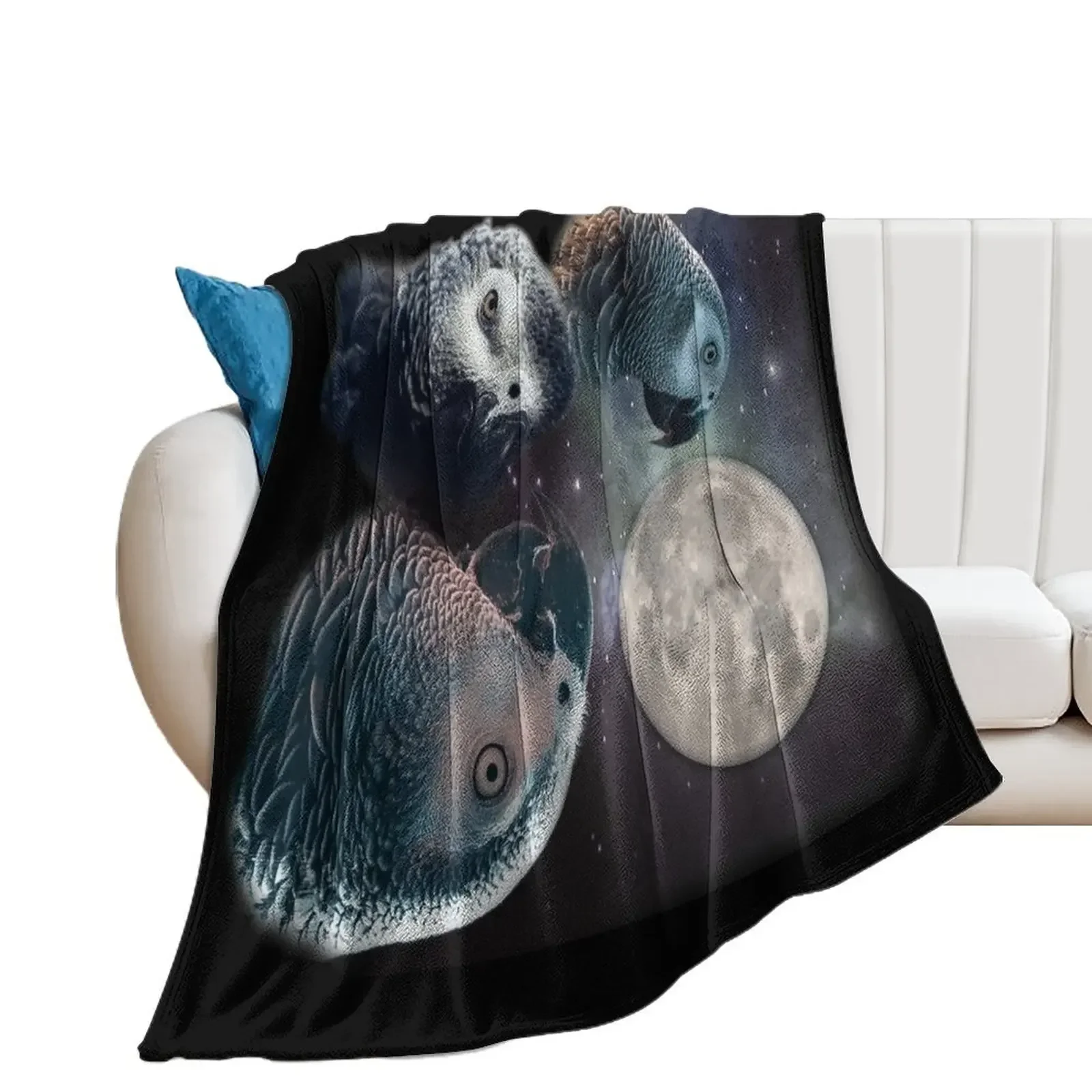 African Grey Parrot Three Wolves and Moon Style Throw Blanket blankets ands wednesday Blankets