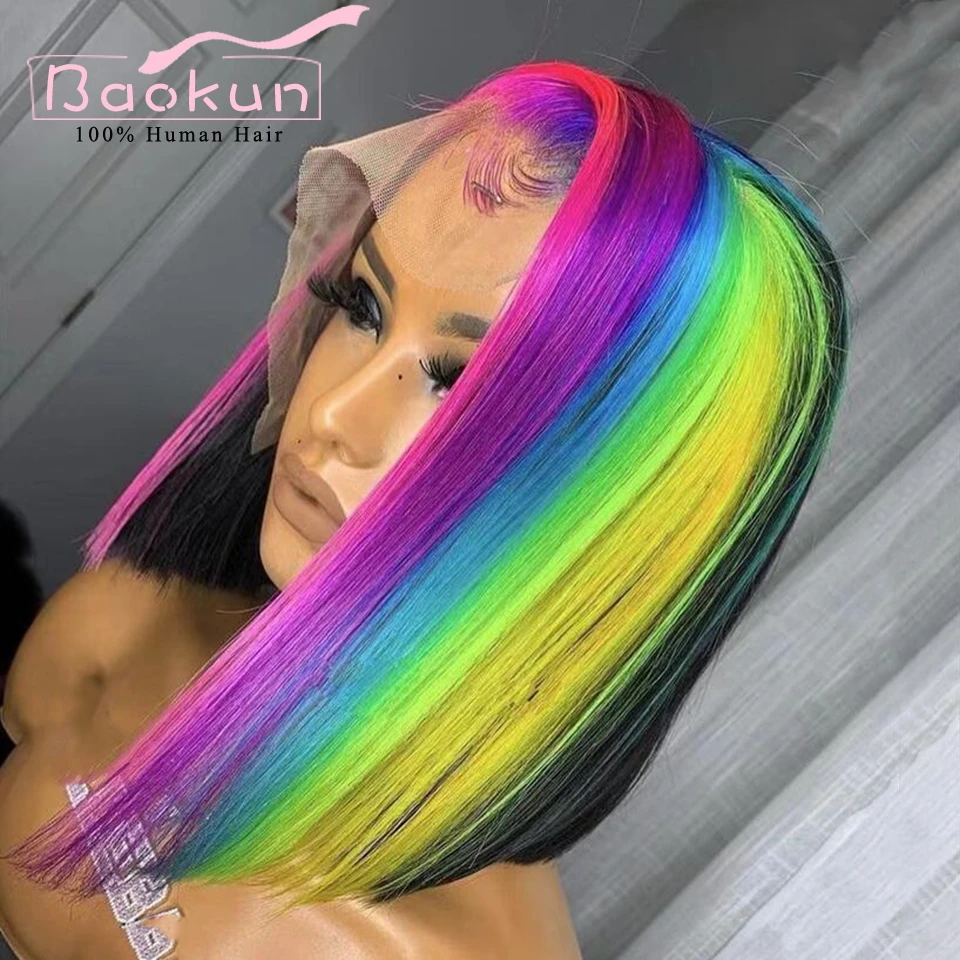 Red Green Purple 13x4 Rainbow Highlight Wig Human Hair Side Part 13x6 HD Lace Frontal Wig Short Bob Human Hair Wigs For Women