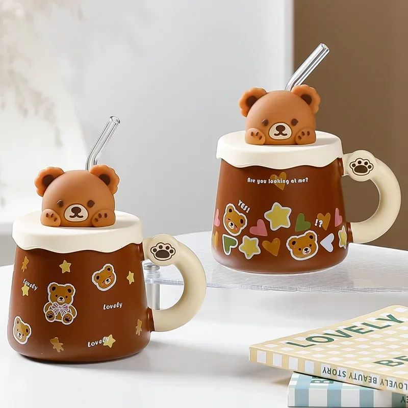 Kawaii Cup Cute Lovely Bear Ceramic Mug Large Capacity with Lid Coffee Cups Breakfast Milk Mugs Drinking with Straw Water Cup