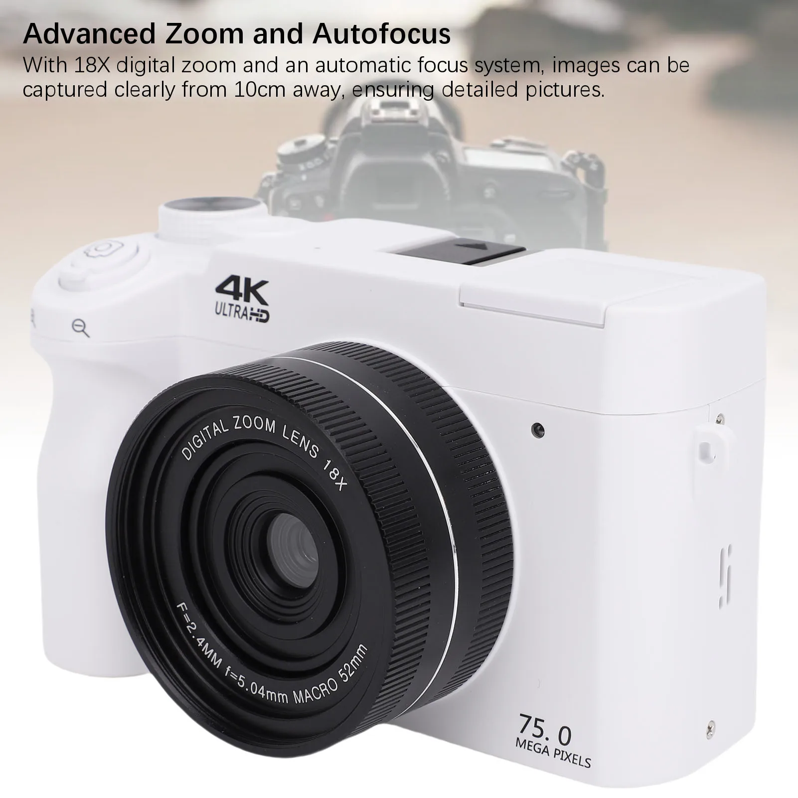 Mirrorless Camera Autofocus 18x Digital Zoom WiFi Dual Lens Digital Camera Hot Shoe 4K 75MP HD with Flashlight for Photography