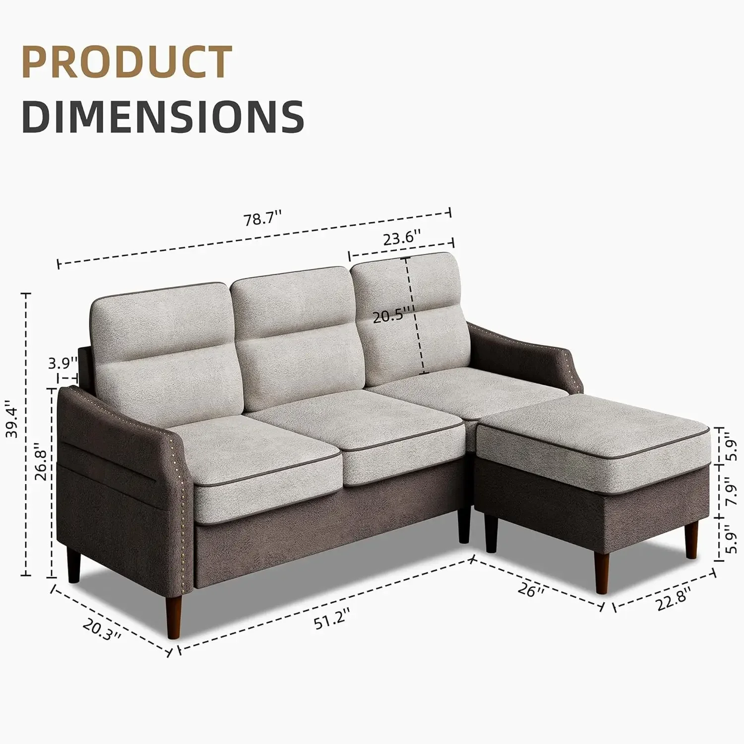 78'' Sectional L Shaped Sofa Couch with Side Storage Bag, Convertible Sofa with Reversible Chaise and Rivet Decor