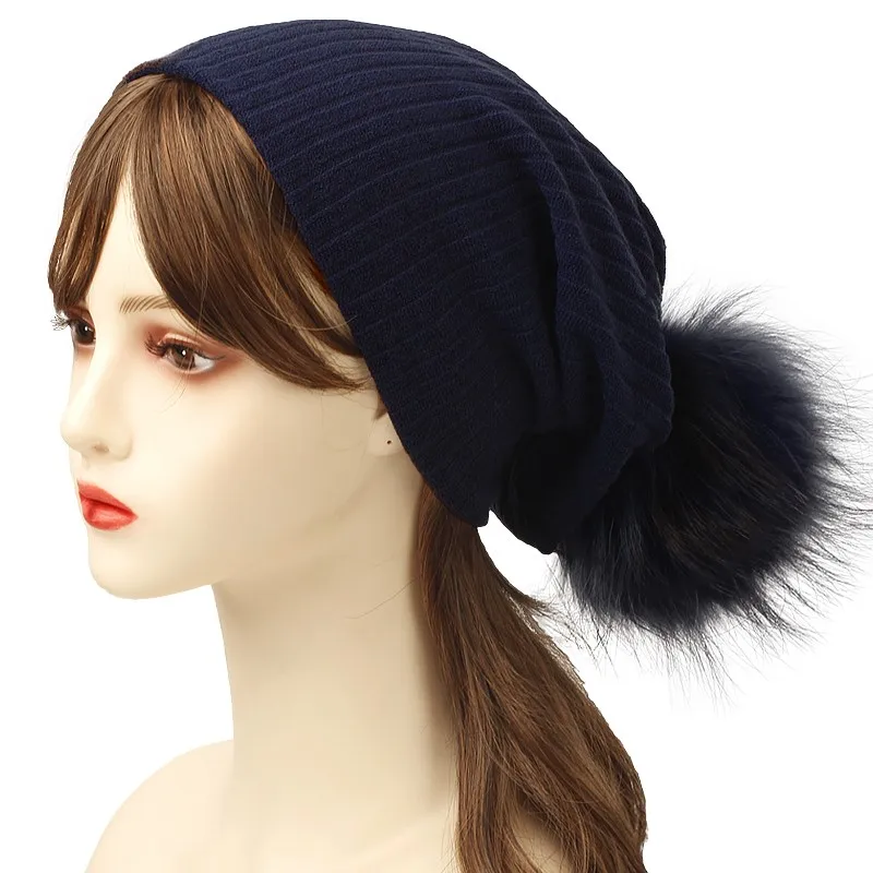 Women Autumn Winter Beanie Knitted Ribbed Beanies Hat With 15cm Real Fur Pompom Cap Solid Color Slouch Skullies Hats